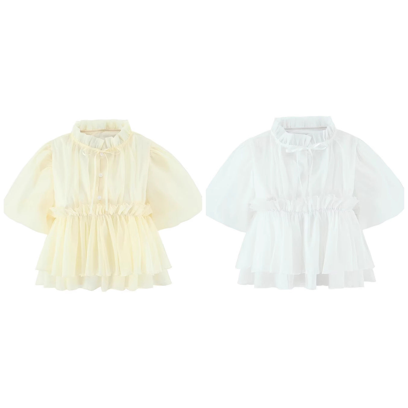 Stand up collar bubble sleeve waist cinching single breasted short sleeved shirt