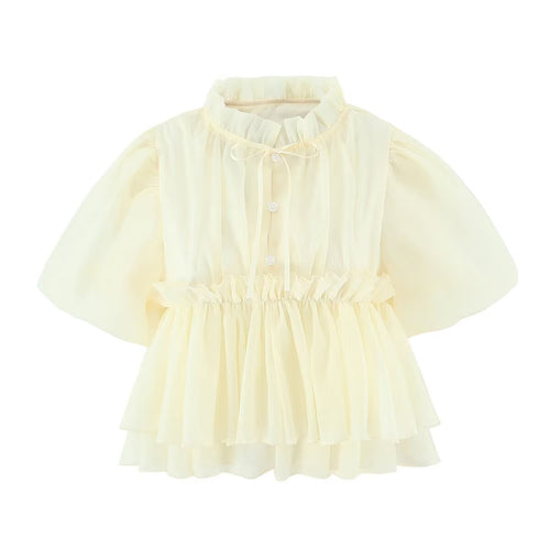 Stand up collar bubble sleeve waist cinching single breasted short sleeved shirt