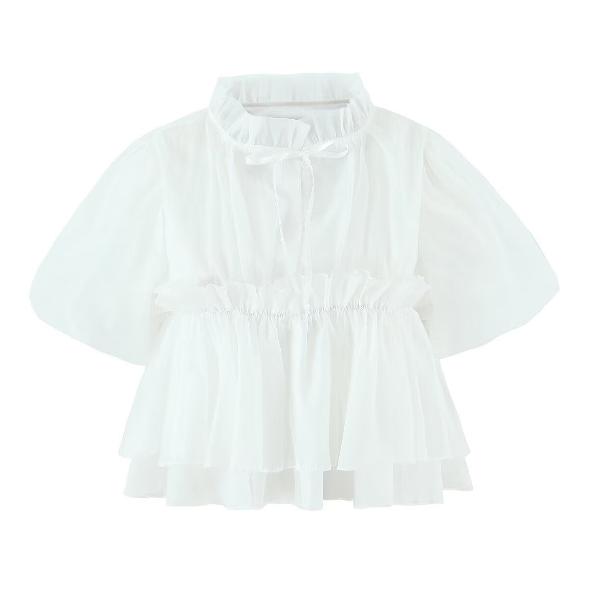 Stand up collar bubble sleeve waist cinching single breasted short sleeved shirt