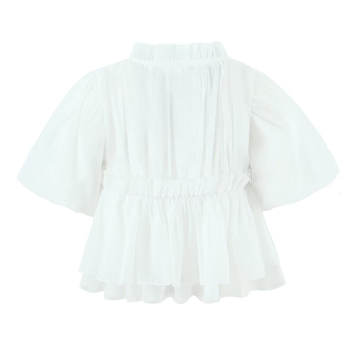 Stand up collar bubble sleeve waist cinching single breasted short sleeved shirt