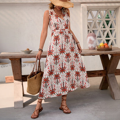 Vacation style high waisted printed sleeveless V-neck dress long skirt for women