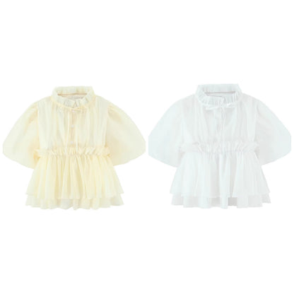 Stand up collar bubble sleeve waist cinching single breasted short sleeved shirt
