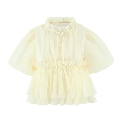 Stand up collar bubble sleeve waist cinching single breasted short sleeved shirt