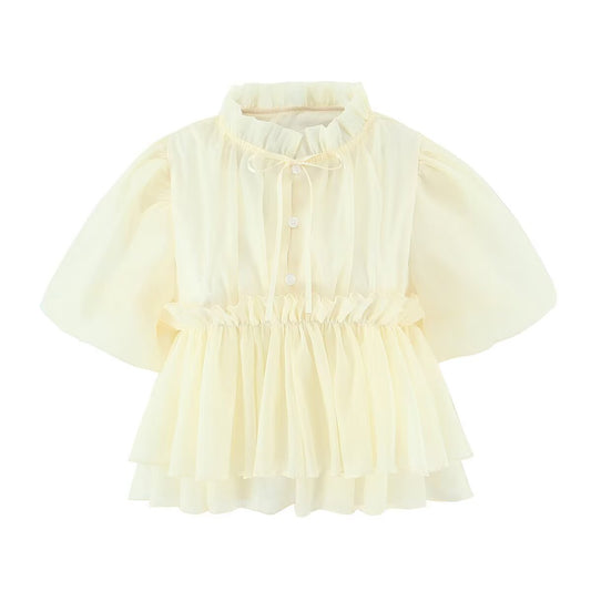 Stand up collar bubble sleeve waist cinching single breasted short sleeved shirt