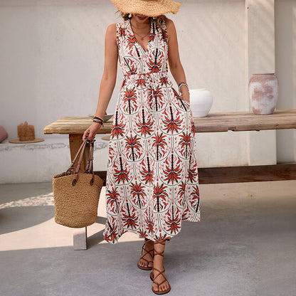 Vacation style high waisted printed sleeveless V-neck dress long skirt for women