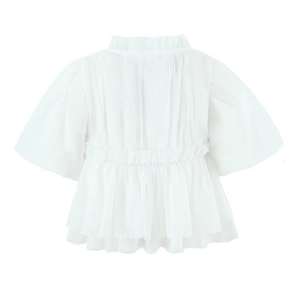 Stand up collar bubble sleeve waist cinching single breasted short sleeved shirt